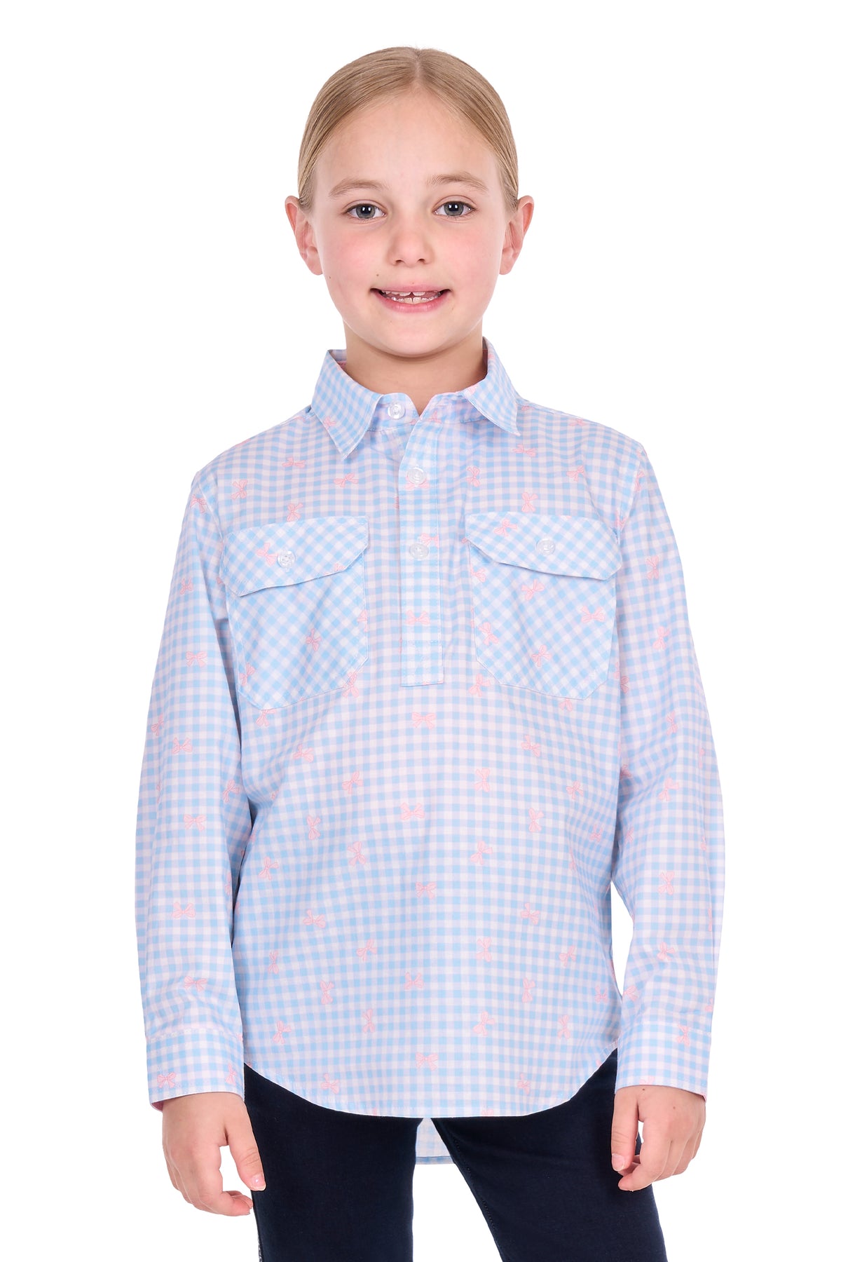 Hard Slog Kids’ Lillia Half-Placket Long Sleeve Shirt – Pale Blue/Pink