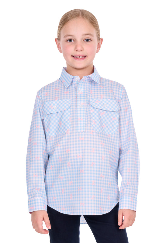 Hard Slog Kids’ Lillia Half-Placket Long Sleeve Shirt – Pale Blue/Pink