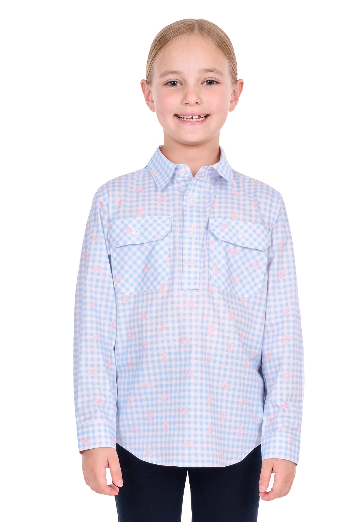Hard Slog Kids’ Lillia Half-Placket Long Sleeve Shirt – Pale Blue/Pink