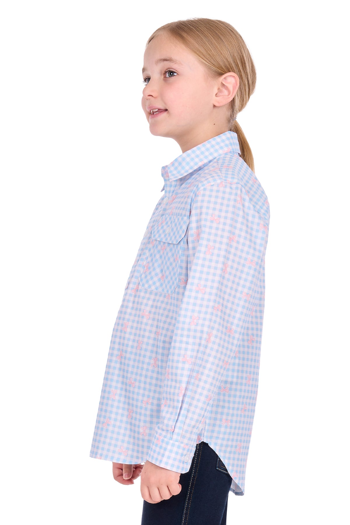 Hard Slog Kids’ Lillia Half-Placket Long Sleeve Shirt – Pale Blue/Pink
