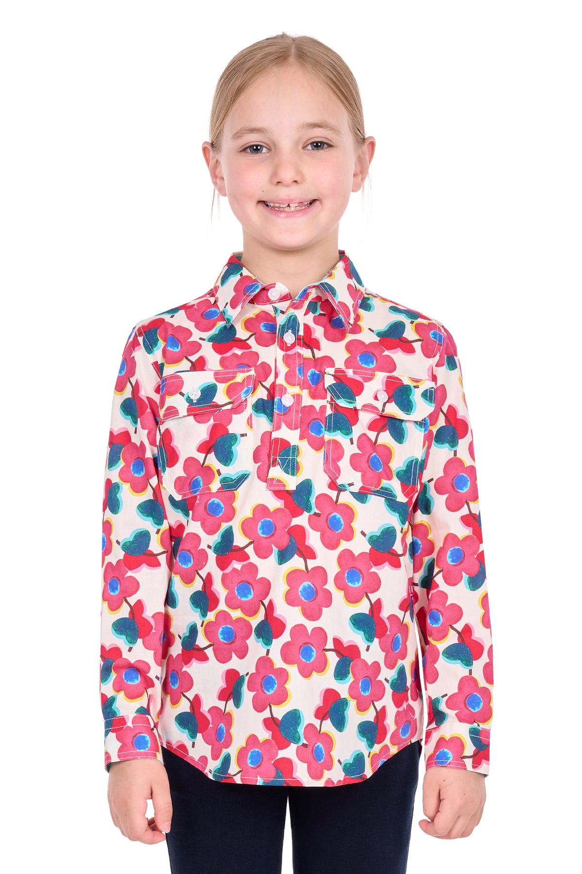 Hard Slog Kids’ Lorri Half-Placket Long Sleeve Shirt – Pink/Multi