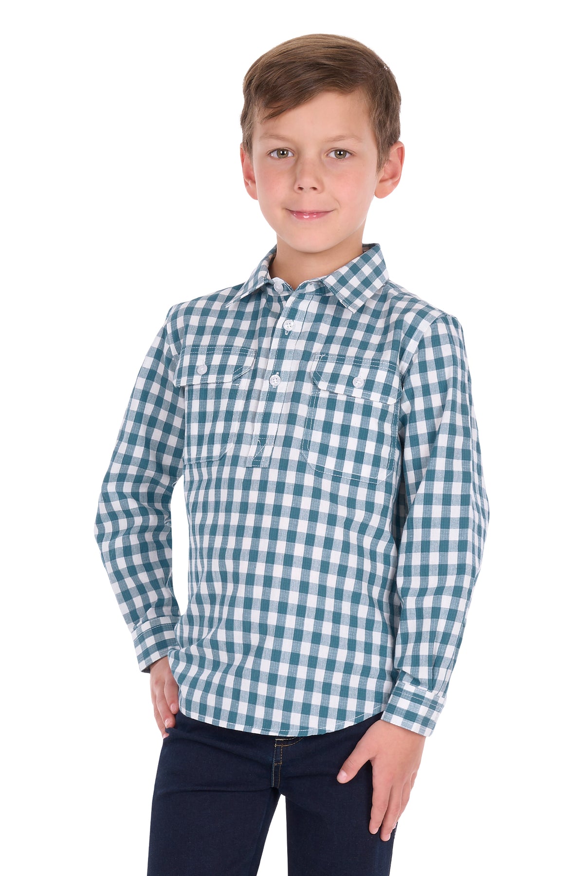 Hard Slog Kids’ River Half-Placket Long Sleeve Shirt – Teal