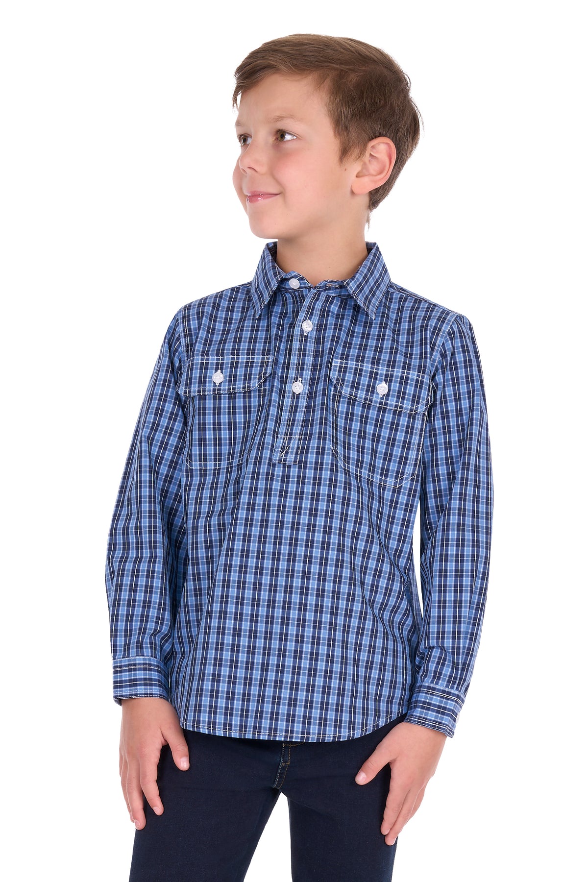 Hard Slog Kids’ Wyatt Half-Placket Long Sleeve Shirt – Blue