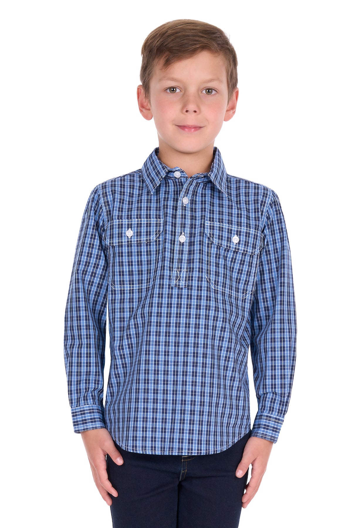 Hard Slog Kids’ Wyatt Half-Placket Long Sleeve Shirt – Blue
