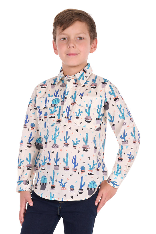 Hard Slog Kids’ Rocky Half-Placket Long Sleeve Shirt – Cream/Blue Multi