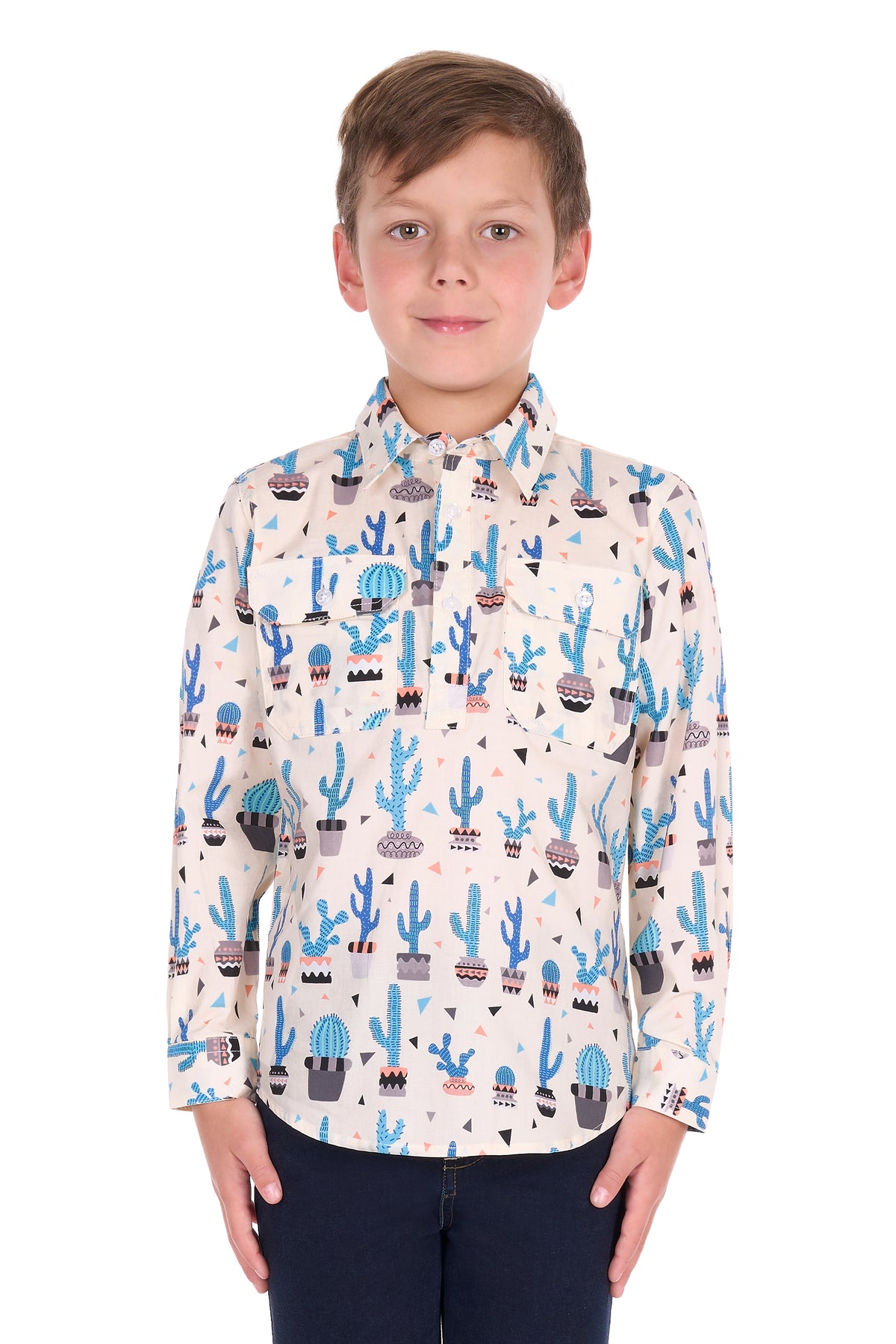 Hard Slog Kids’ Rocky Half-Placket Long Sleeve Shirt – Cream/Blue Multi