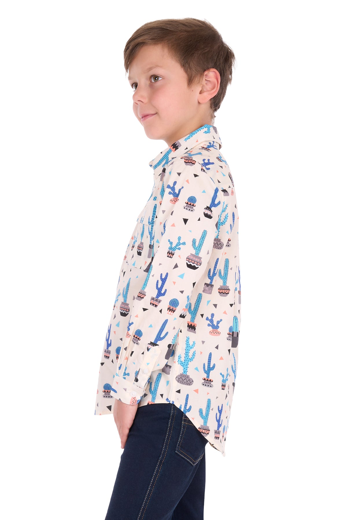 Hard Slog Kids’ Rocky Half-Placket Long Sleeve Shirt – Cream/Blue Multi