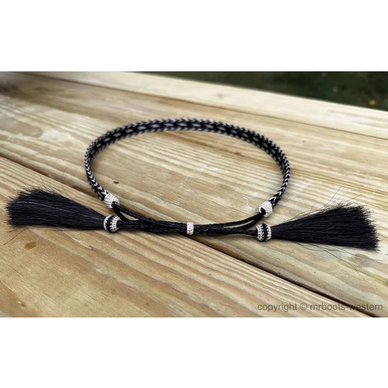 Austin Accent Horse Hair Hat Band Five Strand Black/White W/ Black Tails and 2 Black Tassels