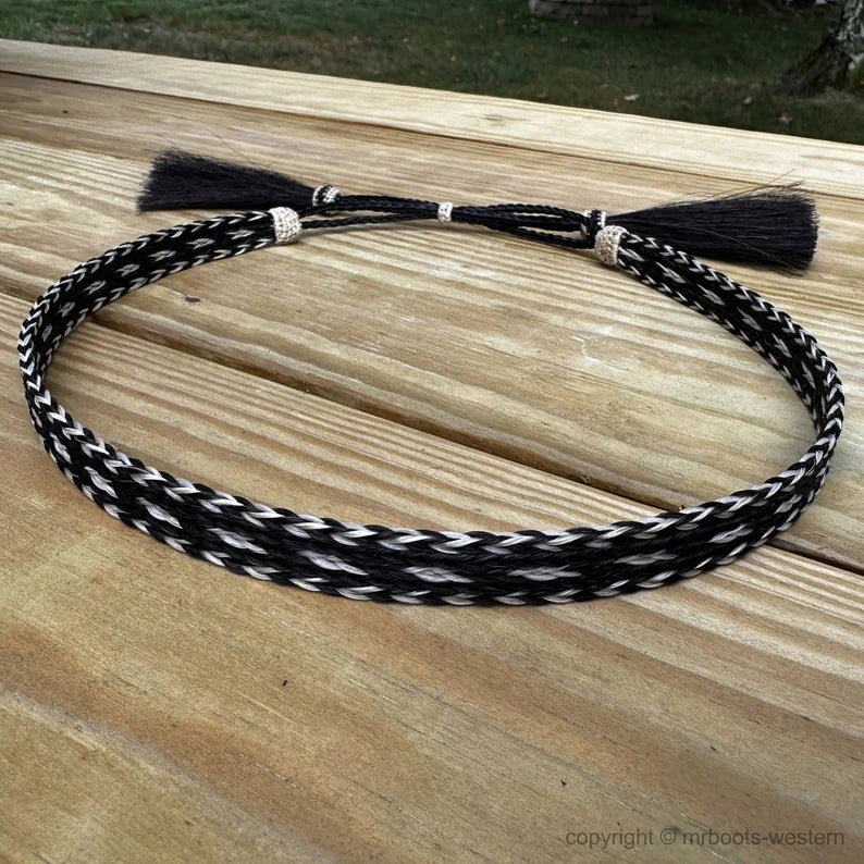 Austin Accent Horse Hair Hat Band Five Strand Black/White W/ Black Tails and 2 Black Tassels
