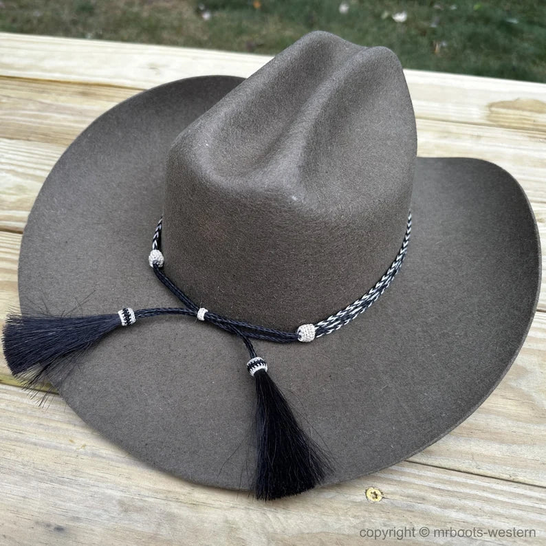 Austin Accent Horse Hair Hat Band Five Strand Black/White W/ Black Tails and 2 Black Tassels