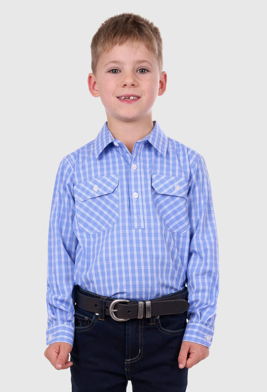 Hardslog Boys Ron 1/2 Placket L/S Shirt (Blue/White)