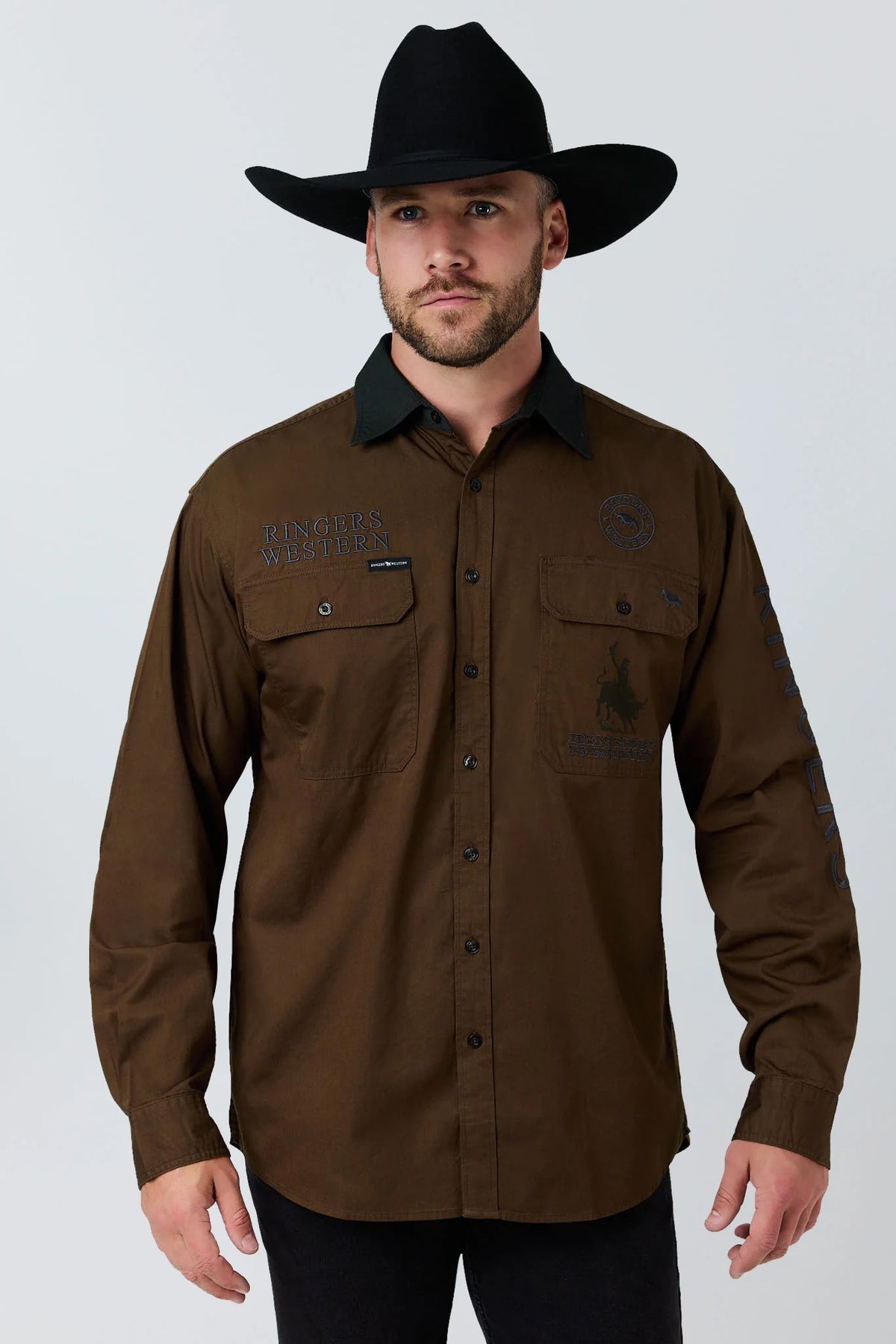 Ringers Western Hawkeye Contrast Collar Full Button Work Shirt - Saddle Brown