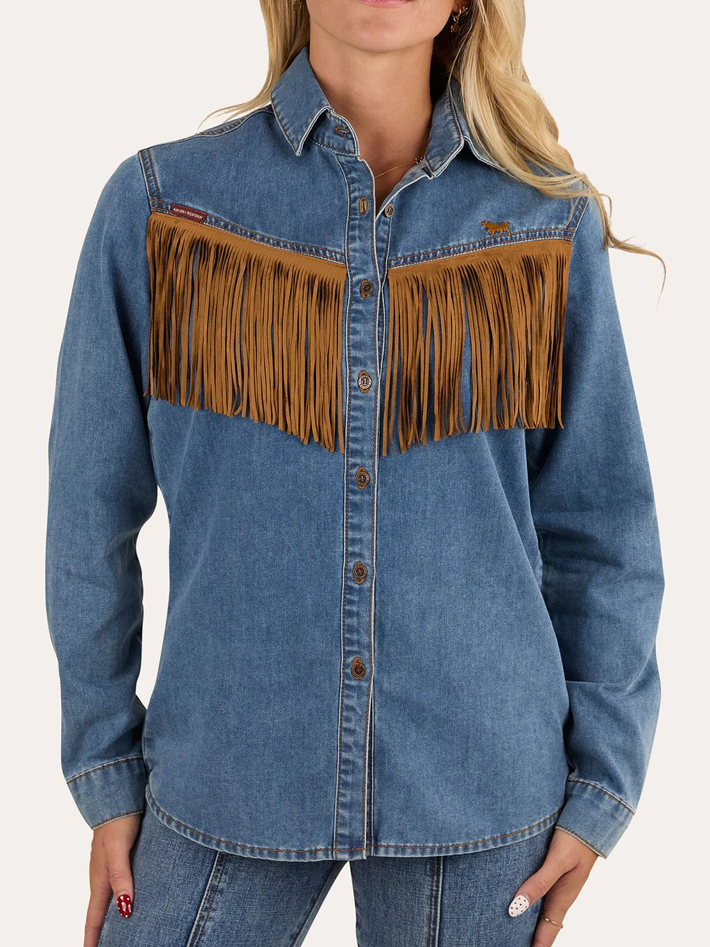 Ringers Western Women's  Idaho Faux Suede Fringe Shirt - Mid Blue