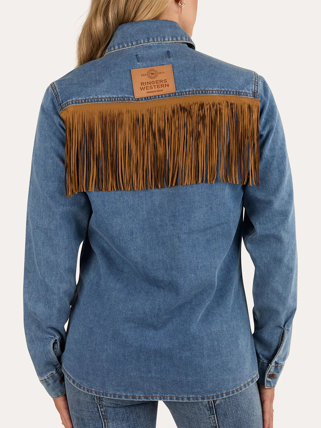 Ringers Western Women's  Idaho Faux Suede Fringe Shirt - Mid Blue