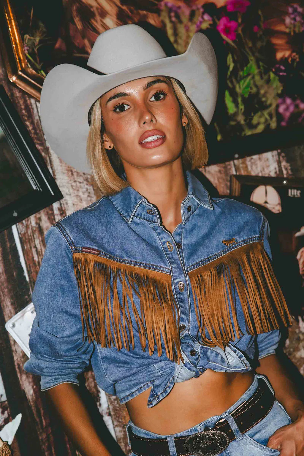 Ringers Western Women's  Idaho Faux Suede Fringe Shirt - Mid Blue
