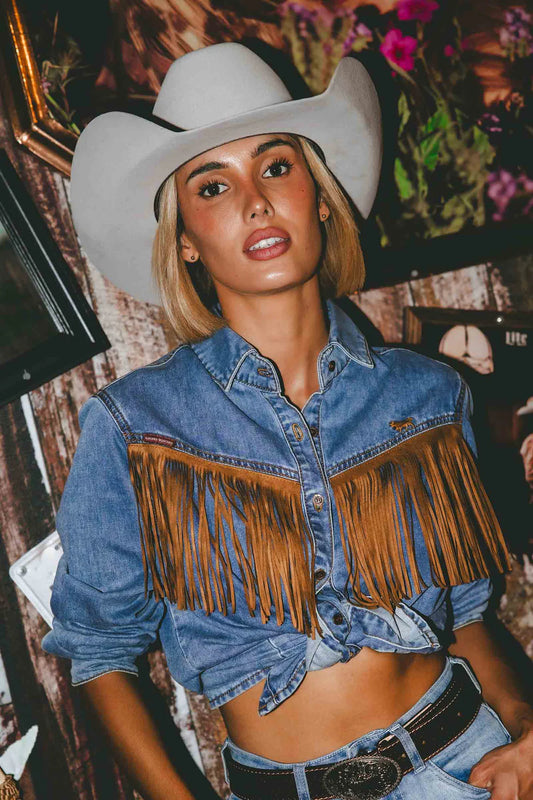 Ringers Western Women's  Idaho Faux Suede Fringe Shirt - Mid Blue
