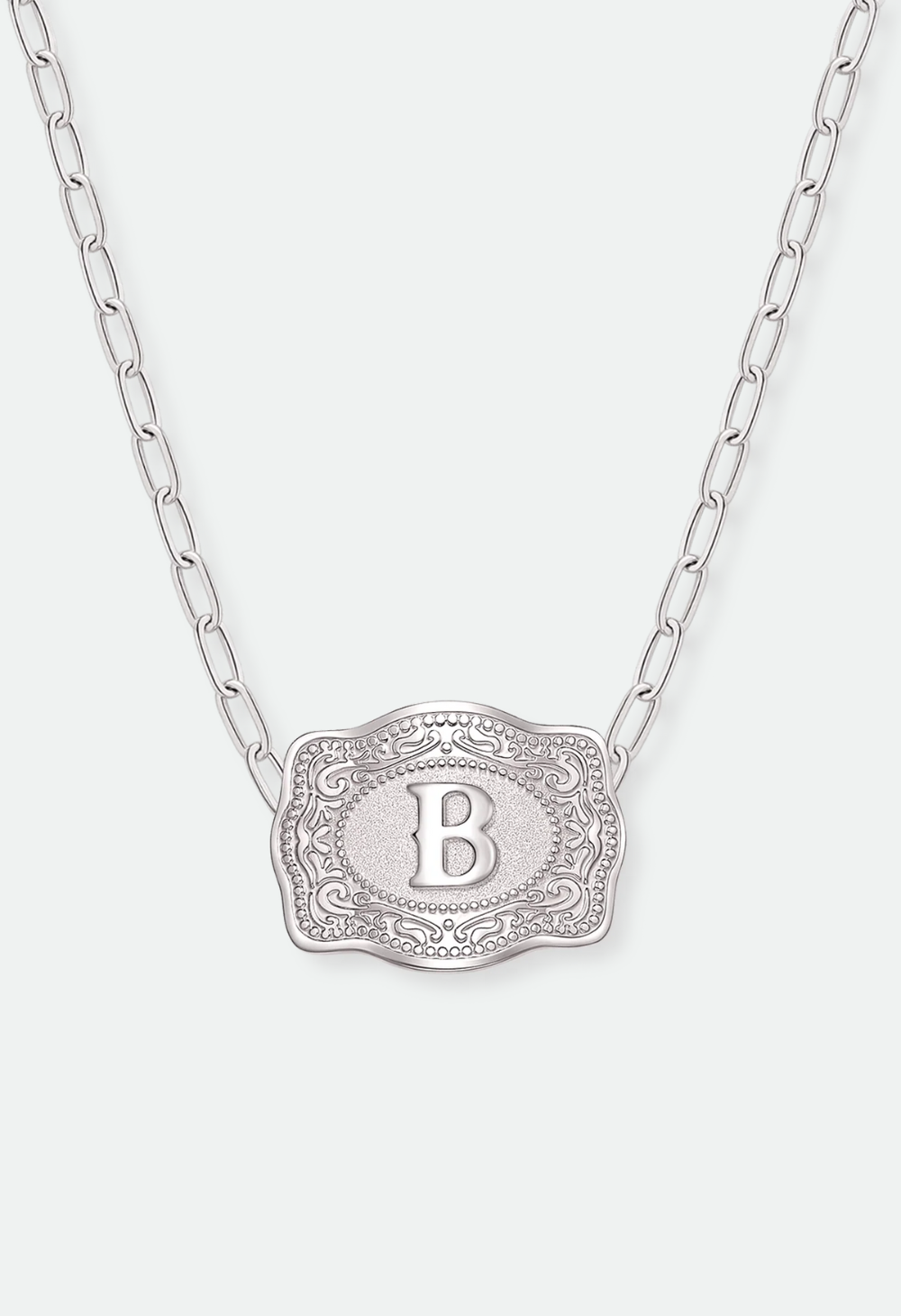 SpurWest Mini Belt Buckle Necklace (Initial) Paper Clip Chain (18" adjustable) - Silver
