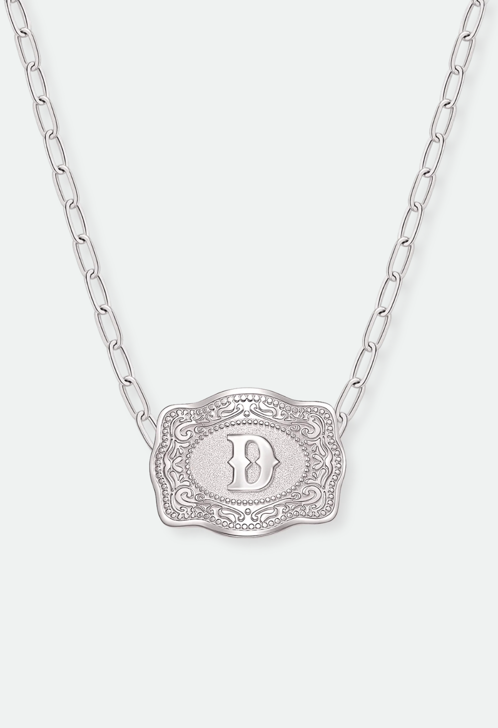 SpurWest Mini Belt Buckle Necklace (Initial) Paper Clip Chain (18" adjustable) - Silver