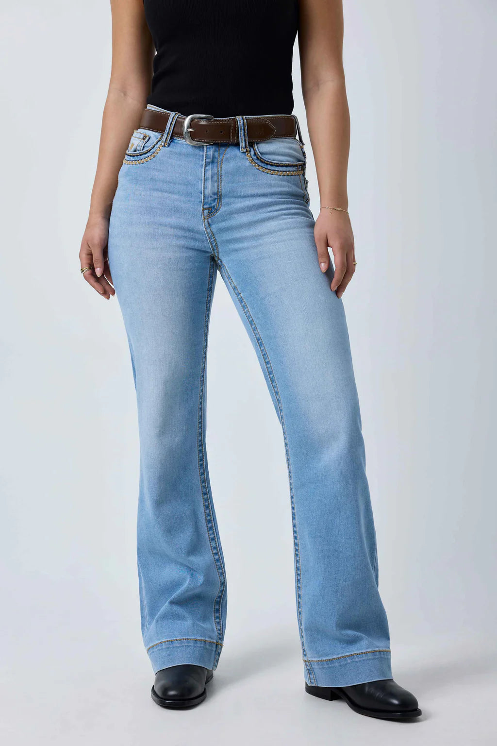 Ringers Western Indi Rodeo Saddle Stitch Womens High Rise Wide Bootleg Jean - Light Blue
