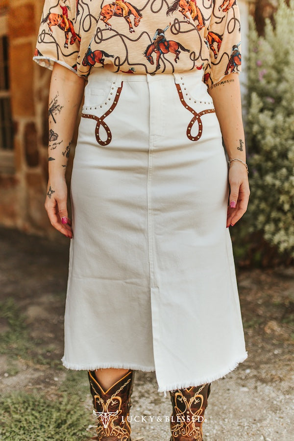 Lucky & Blessed Ivory Stretch Denim Boot-Stitch Embroidered Studded Front Slit Hem Skirt