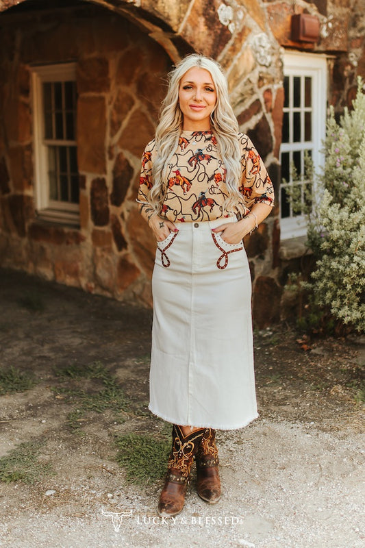Lucky & Blessed Ivory Stretch Denim Boot-Stitch Embroidered Studded Front Slit Hem Skirt