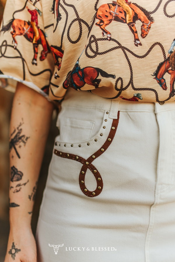 Lucky & Blessed Ivory Stretch Denim Boot-Stitch Embroidered Studded Front Slit Hem Skirt