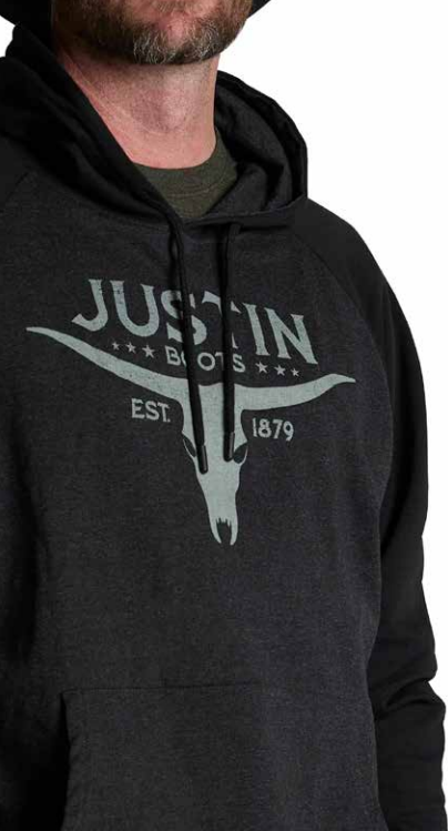 Justin Men's Heather Bull Skull Logo Drawcord Long Sleeve Hoodie - Black/Charcoal