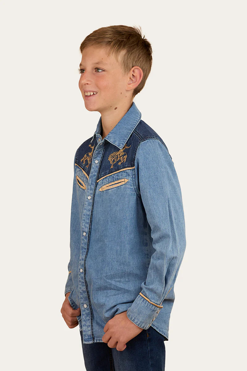 Ringers Western Kids Jaxon Western Shirt - Light Wash Blue