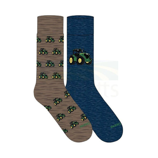 John Deere 2PK of Dress Socks; Brown and Blue with Tractors, Size 10-13