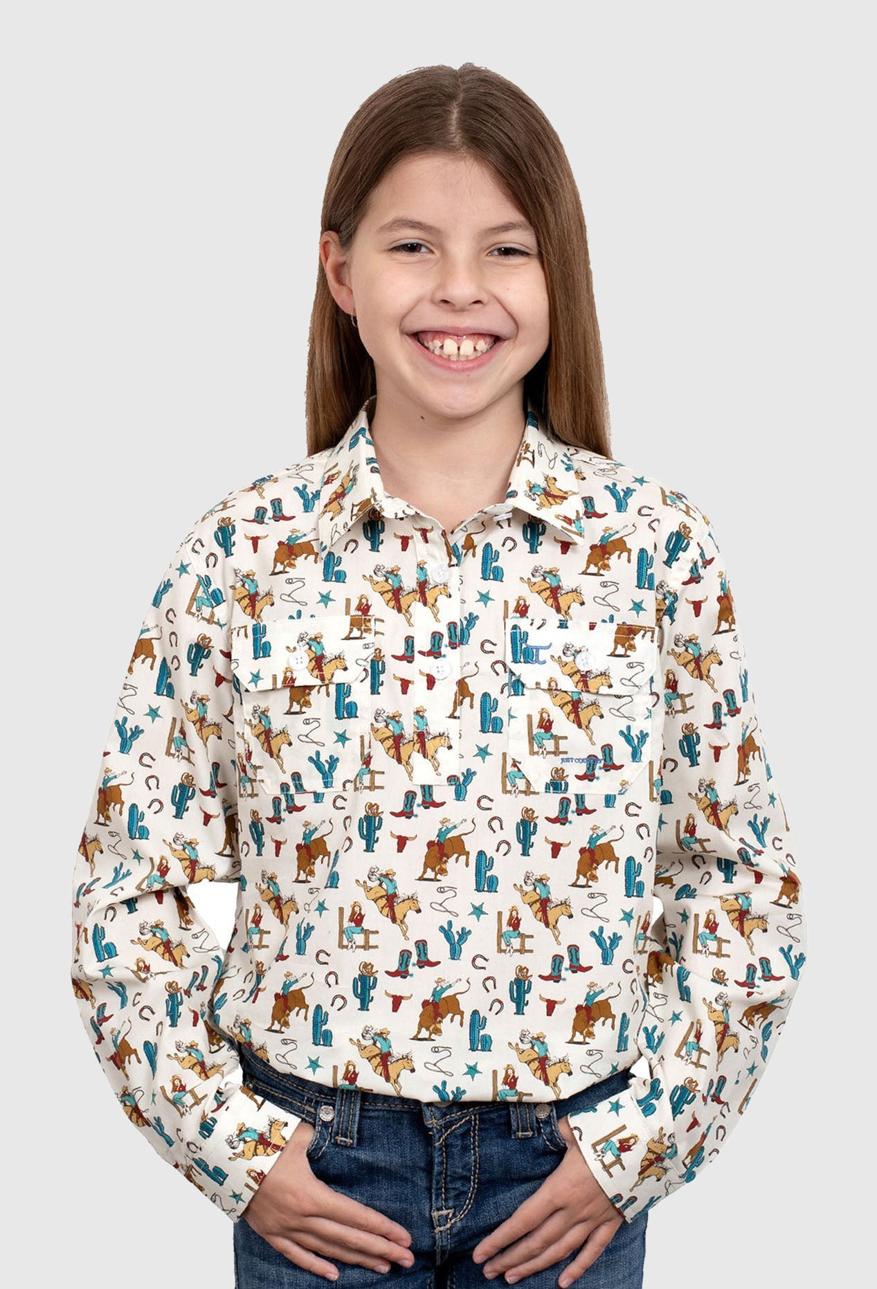 Just Country Girl's Harper 1/2 Button Shirt - Cream Rodeo Girl