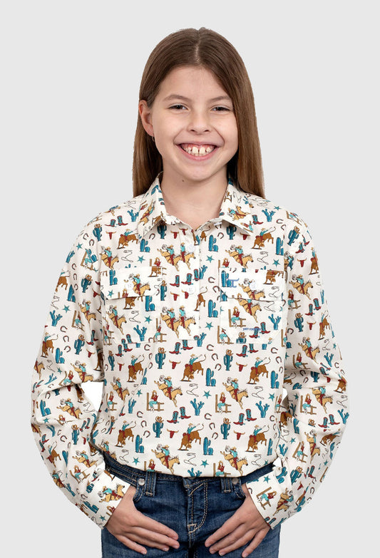 Just Country Girl's Harper 1/2 Button Shirt - Cream Rodeo Girl