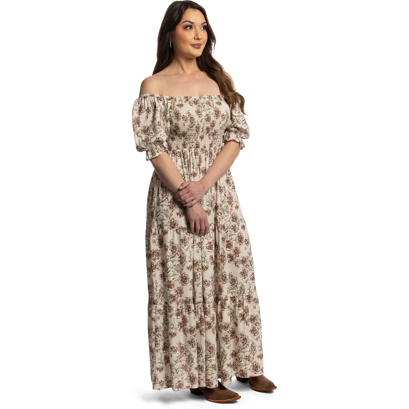 Justin Smocked Maxi Dress - Floral Brown Cream