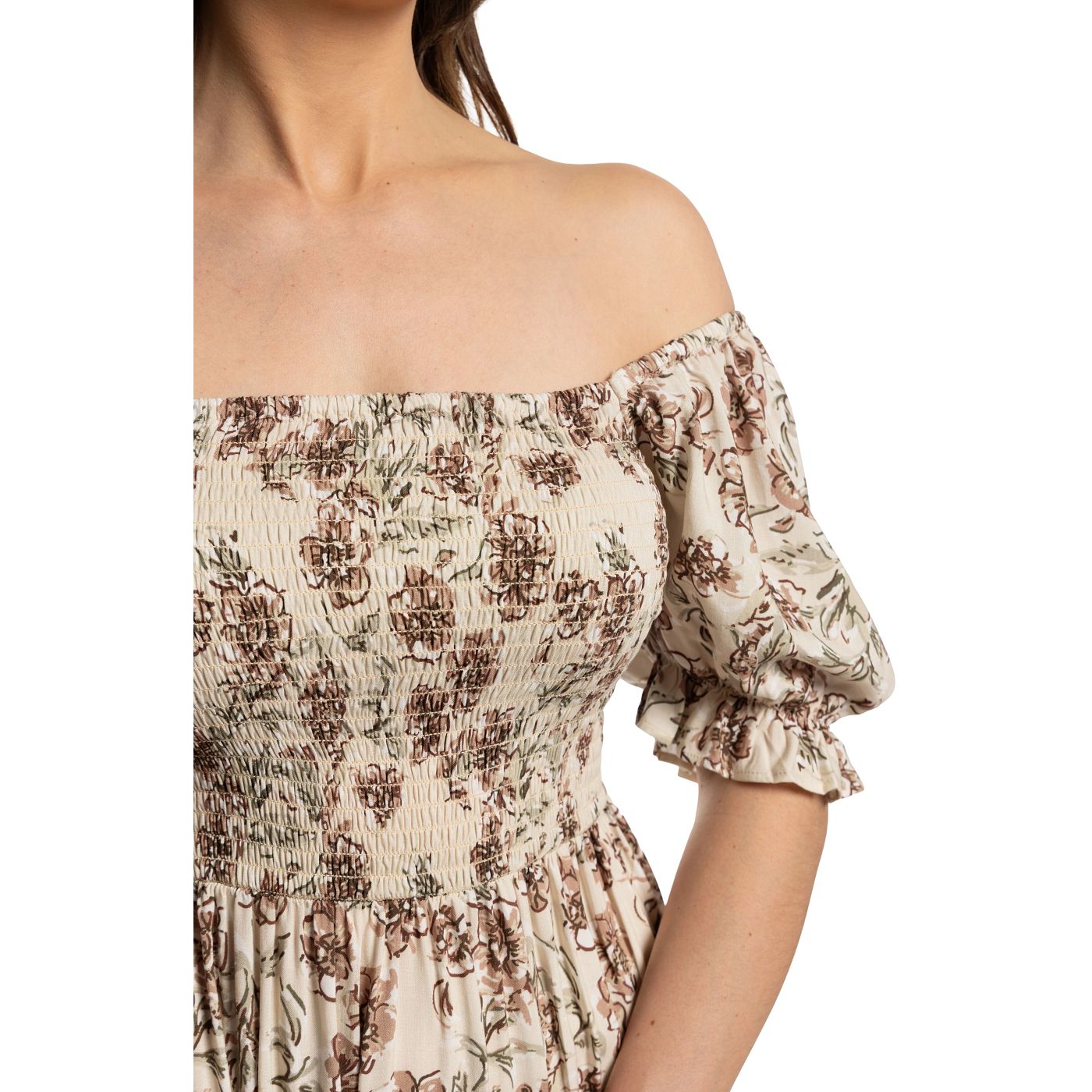 Justin Smocked Maxi Dress - Floral Brown Cream