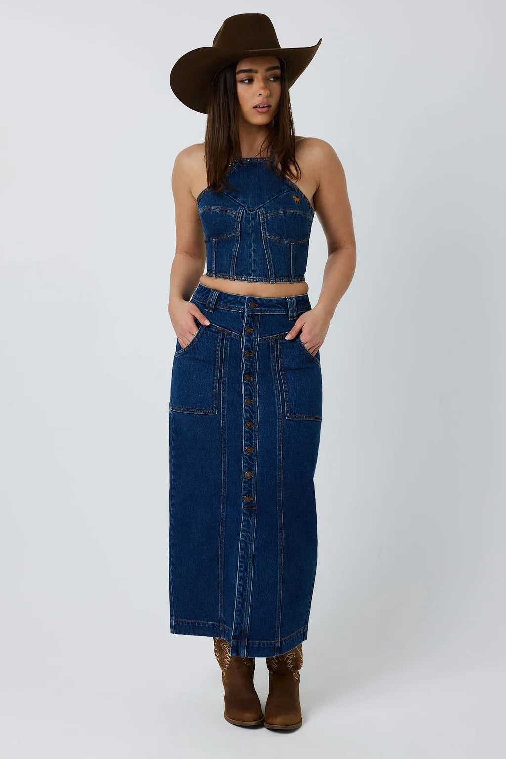Ringers Western Kathlene Women’s Mid Rise Denim Maxi Skirt - Classic Blue