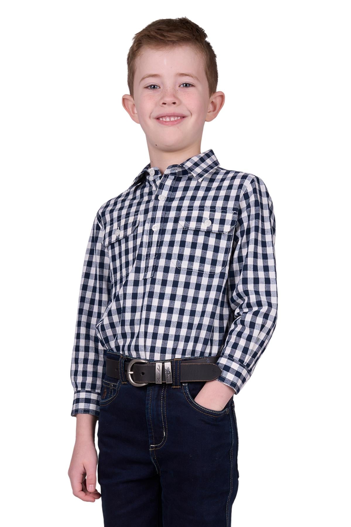 Hard Slog Kid’s Dell Half Placket Long Sleeve Shirt - NAVY/WHITE