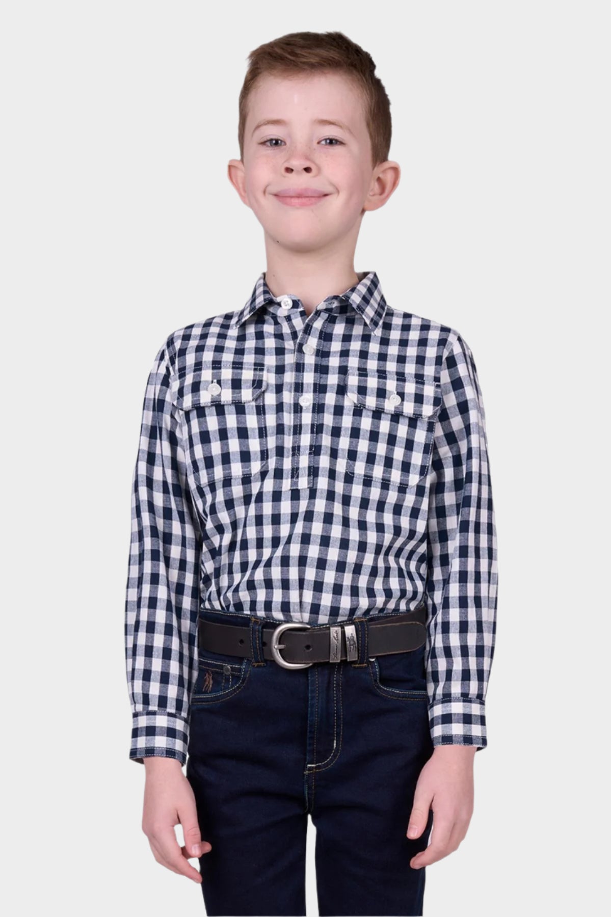 Hard Slog Kid’s Dell Half Placket Long Sleeve Shirt - NAVY/WHITE