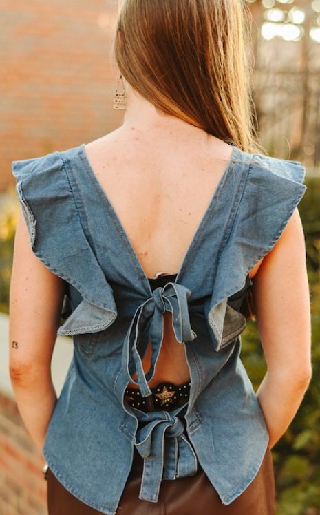 Lucky & Blessed Denim Ruffled Cap Sleeve Peplum Flare Open Bowtie Back Top