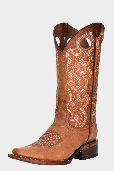 CORRAL BOOT LADIES COGNAC CUTOUT & EMBROIDERYSQAURE TOE