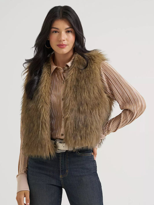 Wrangler Womens Lainey Wilson Faux Fur Vest Brown