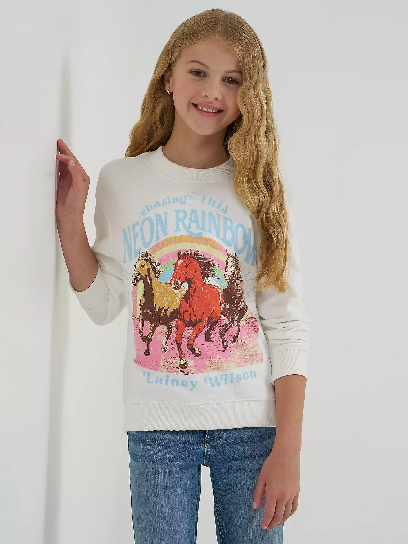 Wrangler Girls Lainey Wilson Neon Rainbow Sweatshirt White