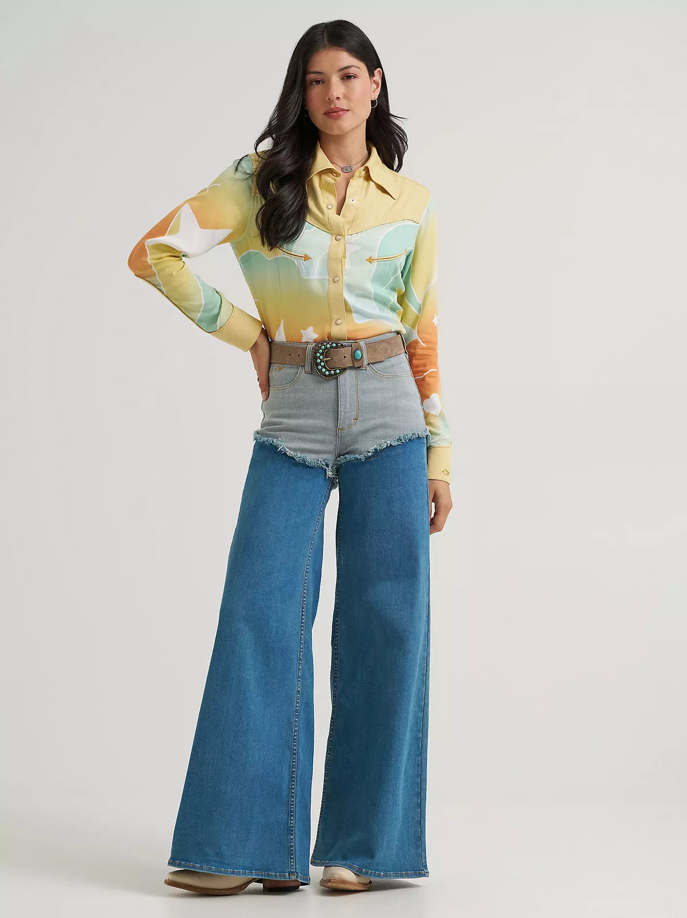 Wrangler Womens Lainey Wilson Pieced Chaps Wide Leg Jean