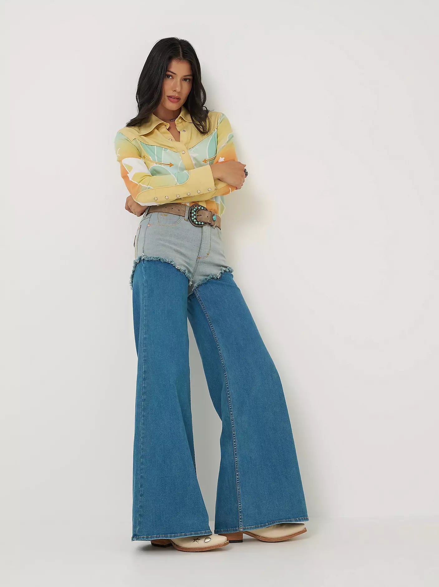 Wrangler Womens Lainey Wilson Pieced Chaps Wide Leg Jean