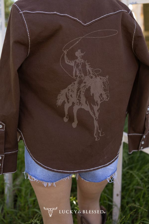 Lucky & Blessed Brown Stretch Denim Contrast Stitching Laser Printed Cowboy Button Down Shirt