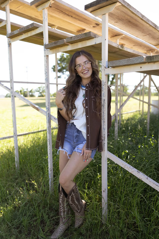 Lucky & Blessed Brown Stretch Denim Contrast Stitching Laser Printed Cowboy Button Down Shirt