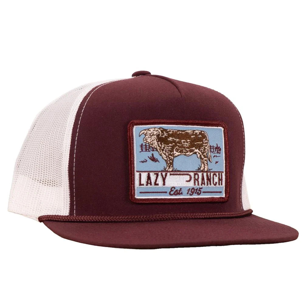 Lazy J Ranch Maroon & White Blue Bull Trap Classic Rope Trucker Hat