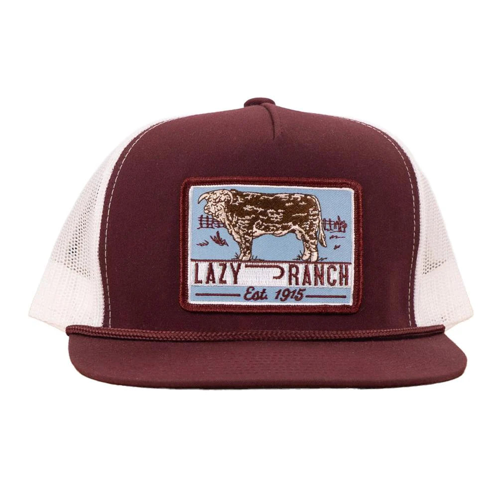 Lazy J Ranch Maroon & White Blue Bull Trap Classic Rope Trucker Hat