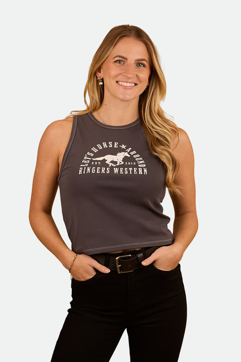 Ringers Western Women's Lets Horse Around Rib Tank - Washed Black