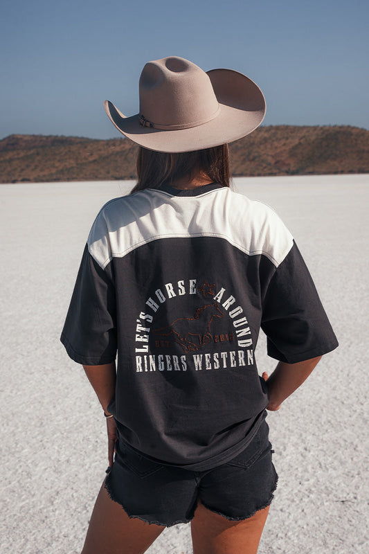 Ringers Western Womens Lets Horse Around Oversized T-Shirt - Washed Black / Off White
