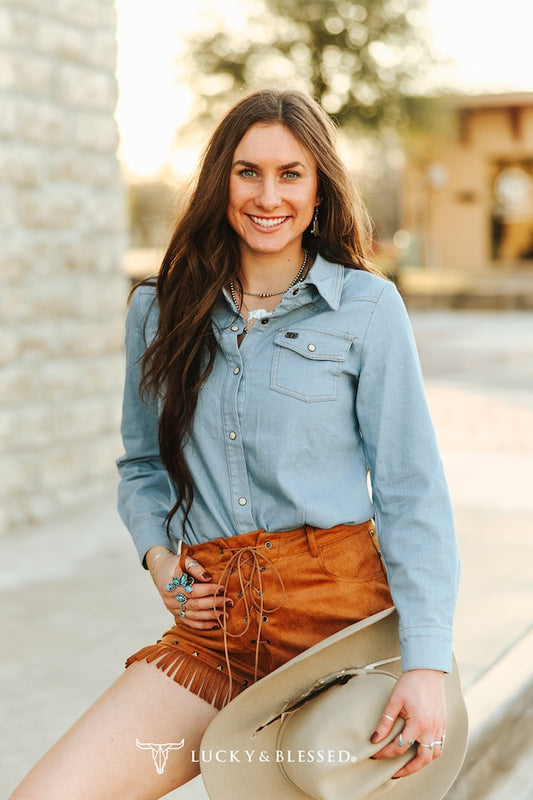 Lucky & Blessed Light Wash Stretch Denim Long Sleeve Western Printed Shirt