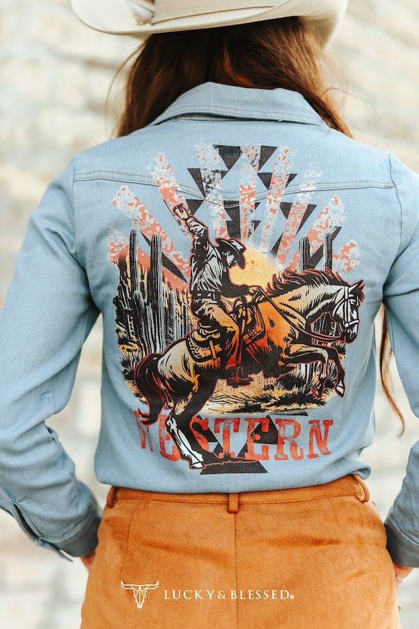 Lucky & Blessed Light Wash Stretch Denim Long Sleeve Western Printed Shirt